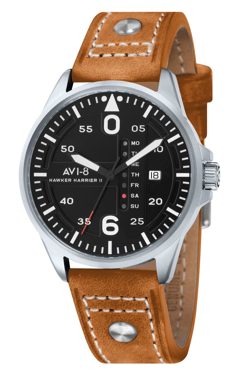 AVI-8 'Hawker Harrier II' Leather Strap Watch, 45mm, Main, color,