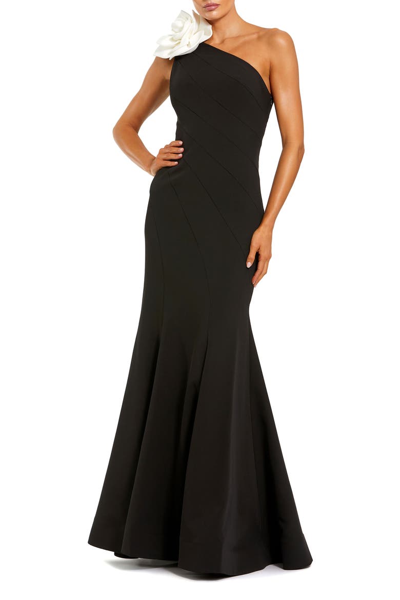 Crepe One Shoulder 3D Flower Mermaid Gown, Main, color, Black Ivory