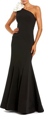 Mac Duggal Crepe One Shoulder Mermaid Gown With 3D Flower
