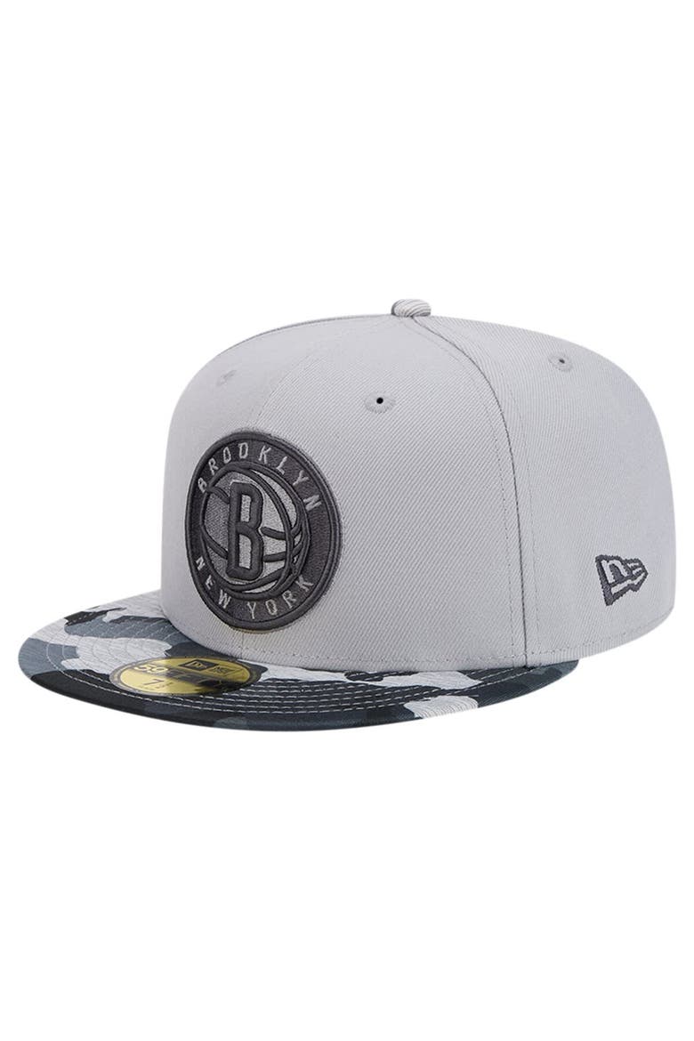 Men's New Era Gray Brooklyn Nets Active Color Camo Visor 59FIFTY Fitted Hat, Main, color, Gray