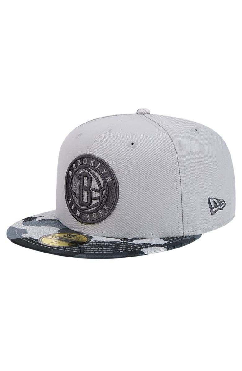 New Era Men's New Era Gray Brooklyn Nets Active Color Camo Visor 59FIFTY Fitted Hat, Main, color, Gray