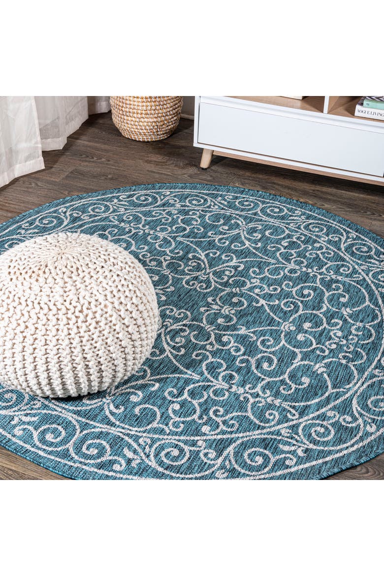 Charleston Vintage Filigree Textured Weave Indoor/Outdoor Round Area Rug, Main, color, Teal/Gray