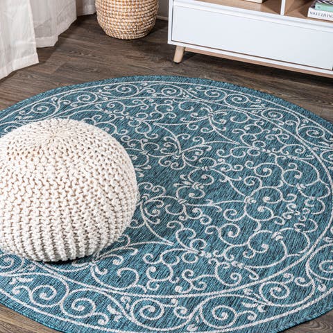 Charleston Vintage Filigree Textured Weave Indoor/Outdoor Round Area Rug