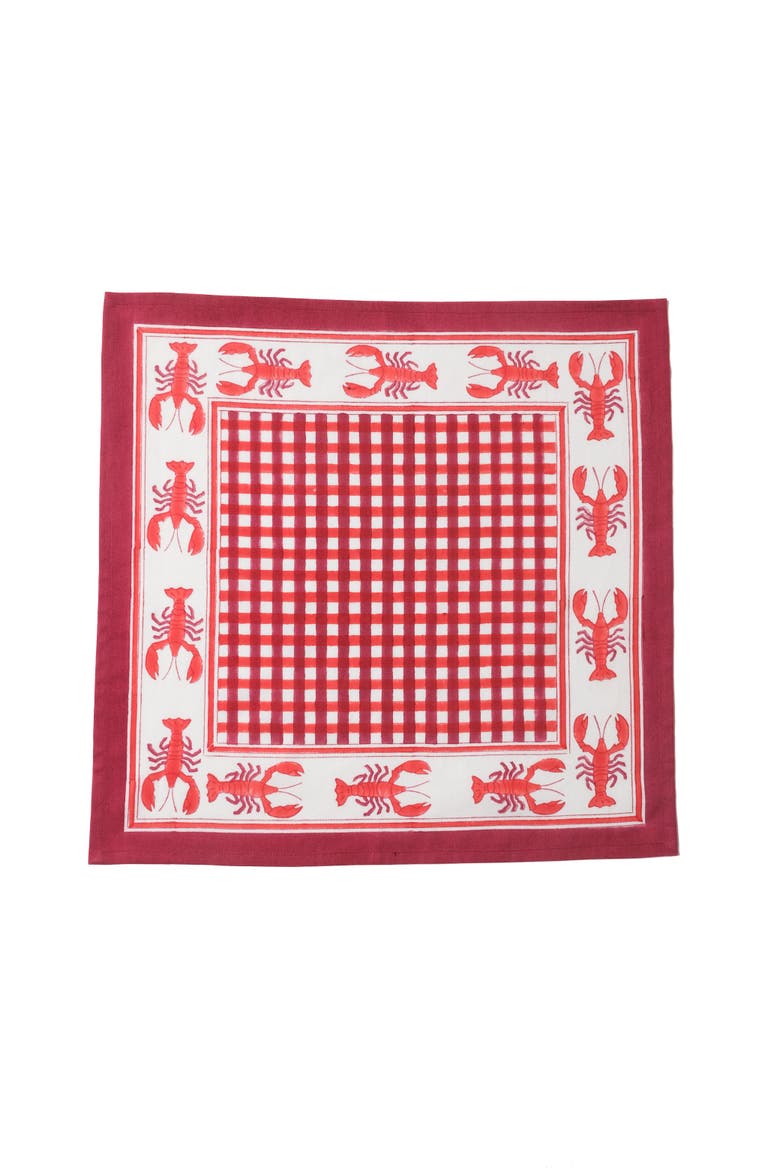 Lobster Red Gingham Blockprint Napkins - Set of 4, Main, color, Red