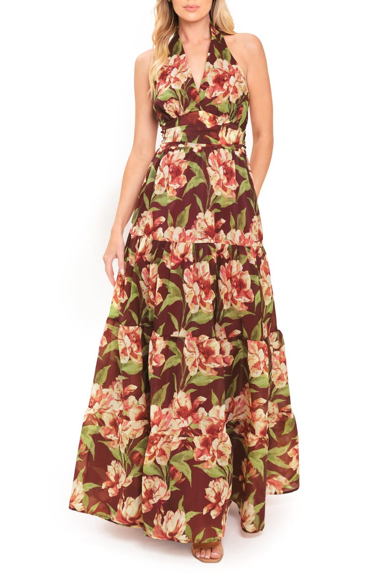 Printed Maxi Halter Dress, Main, color, BURGUNDY