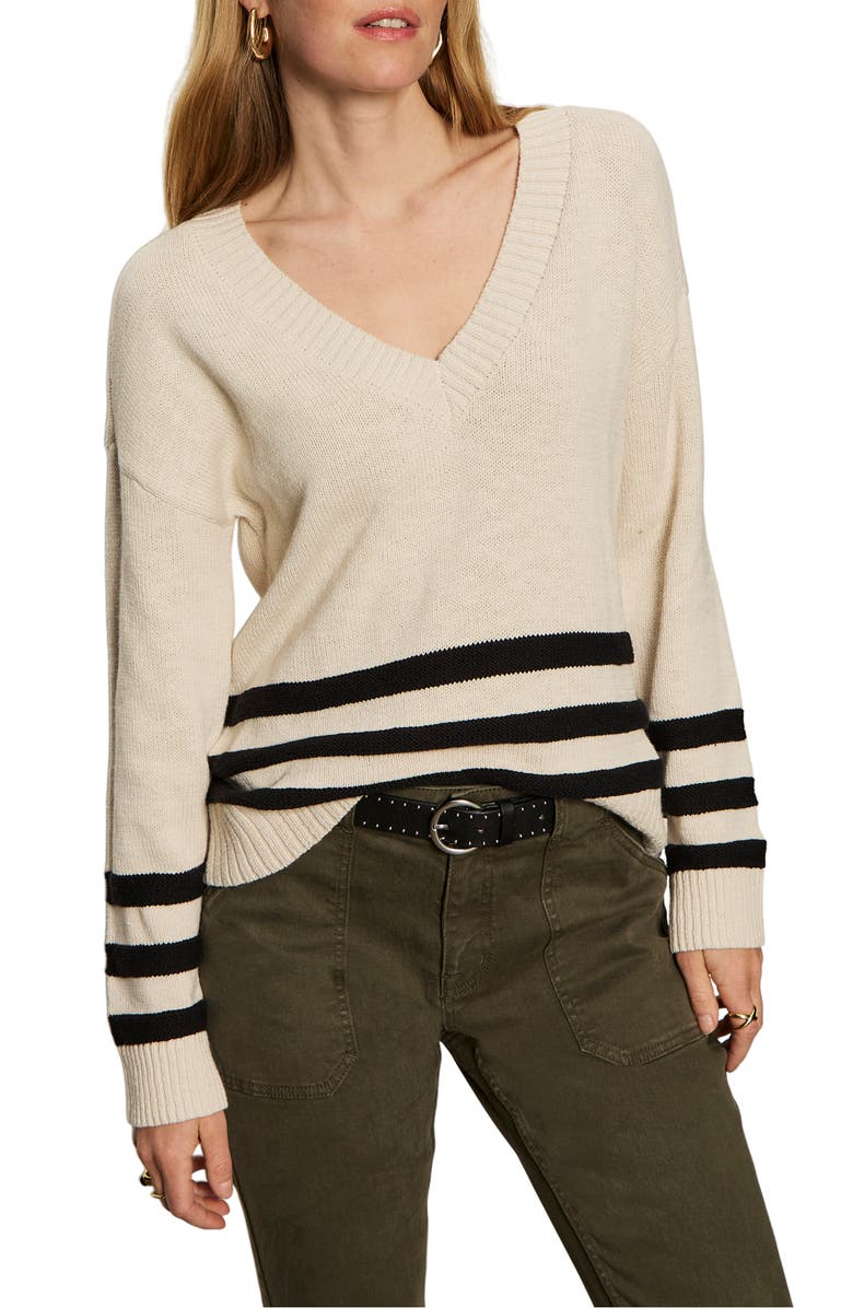 Sanctuary Stripe Hem V-Neck Cotton Sweater, Alternate, color, Light Oat Beige/ Black