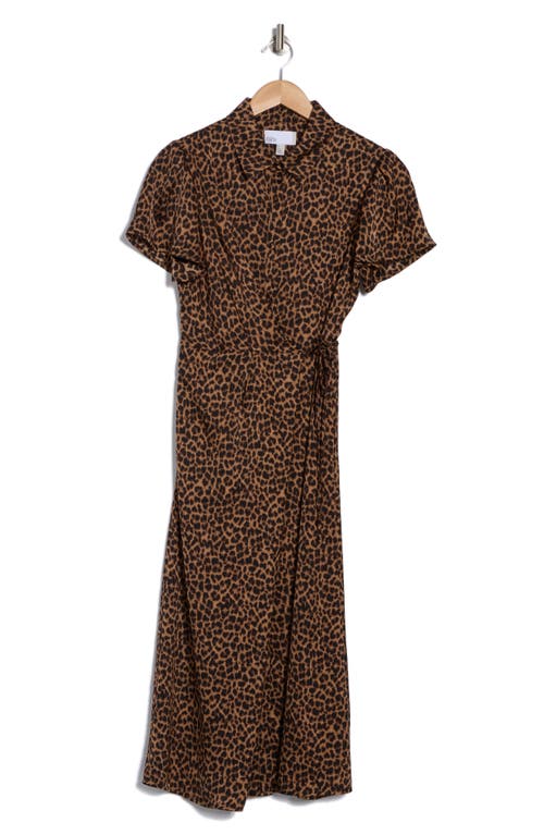 Nordstrom Rack Collared Half Button Wrap Front Shirtdress In Brown- Black Leopard
