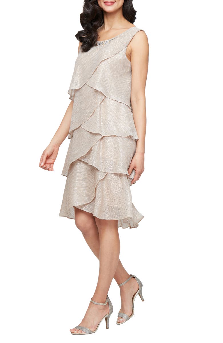 SL FASHIONS Metallic Tiered Sleeveless Dress with Jacket, Alternate, color, Gold