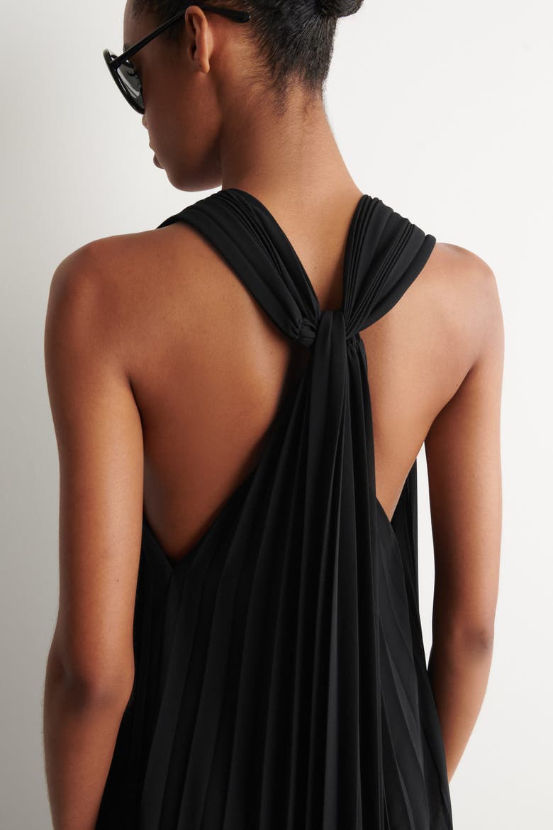 Tie-detail Pleated Georgette Maxi Dress, Alternate, color, BLACK