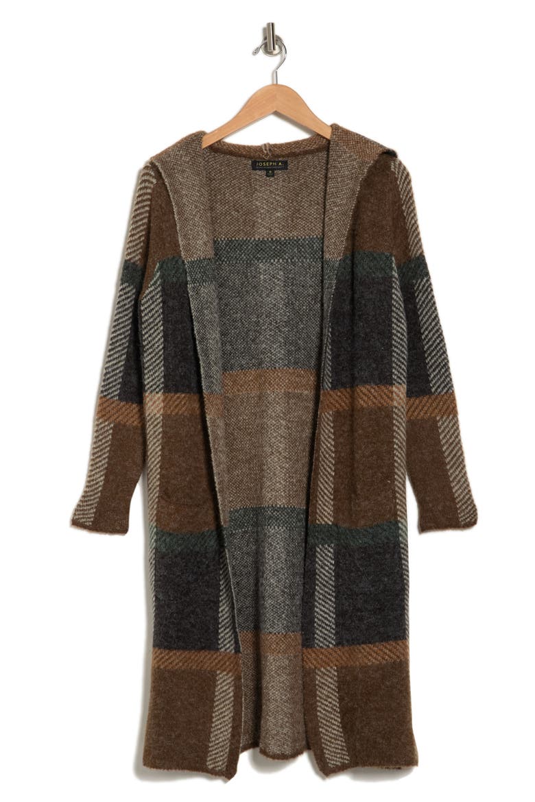 Plaid Hooded Maxi Cardigan, Alternate, color, CHOCOLATE PLAID