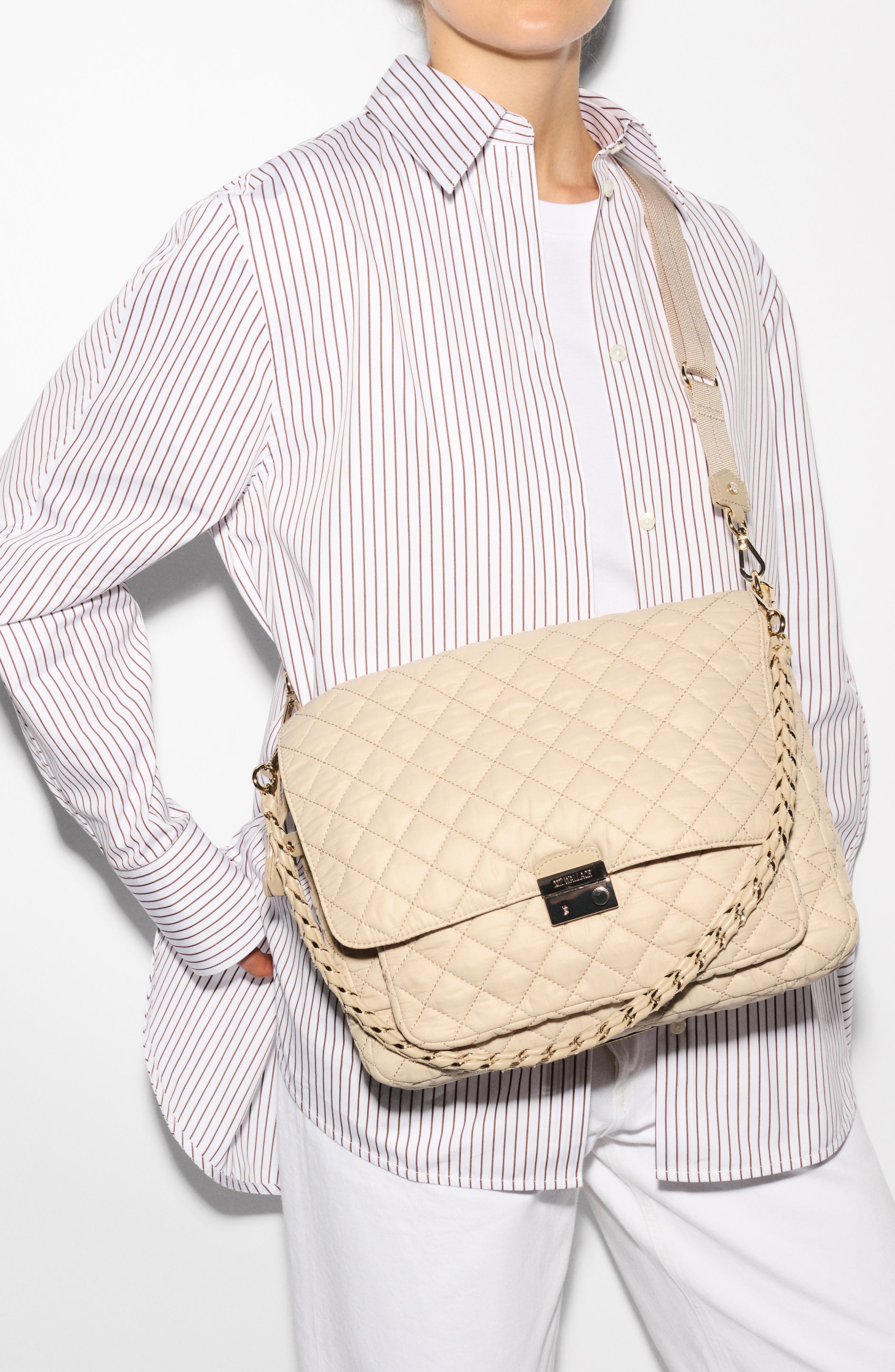 MZ Wallace Large Crosby Lock Quilted Nylon Crossbody Bag, Alternate, color, Buff