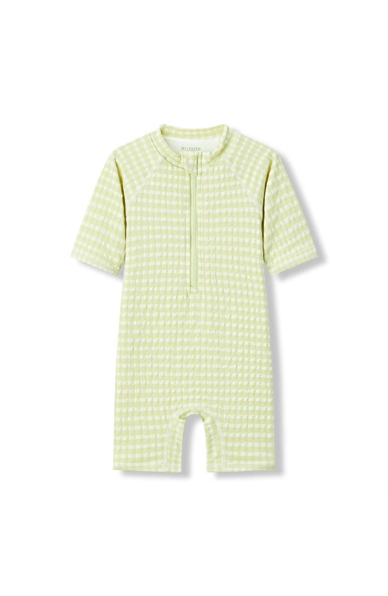 Milkbarn Zipper Shortall Swimsuit, Main, color, Green Gingham