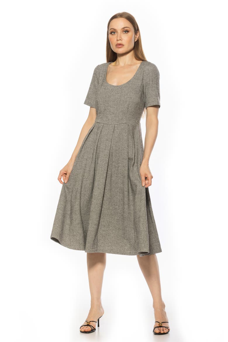 Imani Short Sleeve Pleated Dress, Alternate, color, GREY HERRINGBONE
