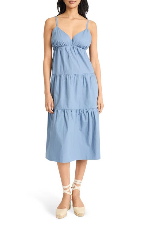 V-Neck Tiered Cotton Midi Dress