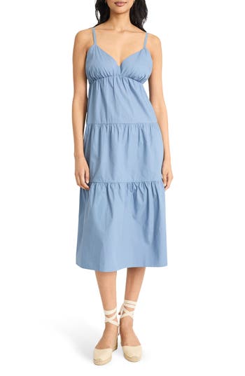 Shop The Good Journey V-neck Tiered Cotton Midi Dress In Coronet Blue