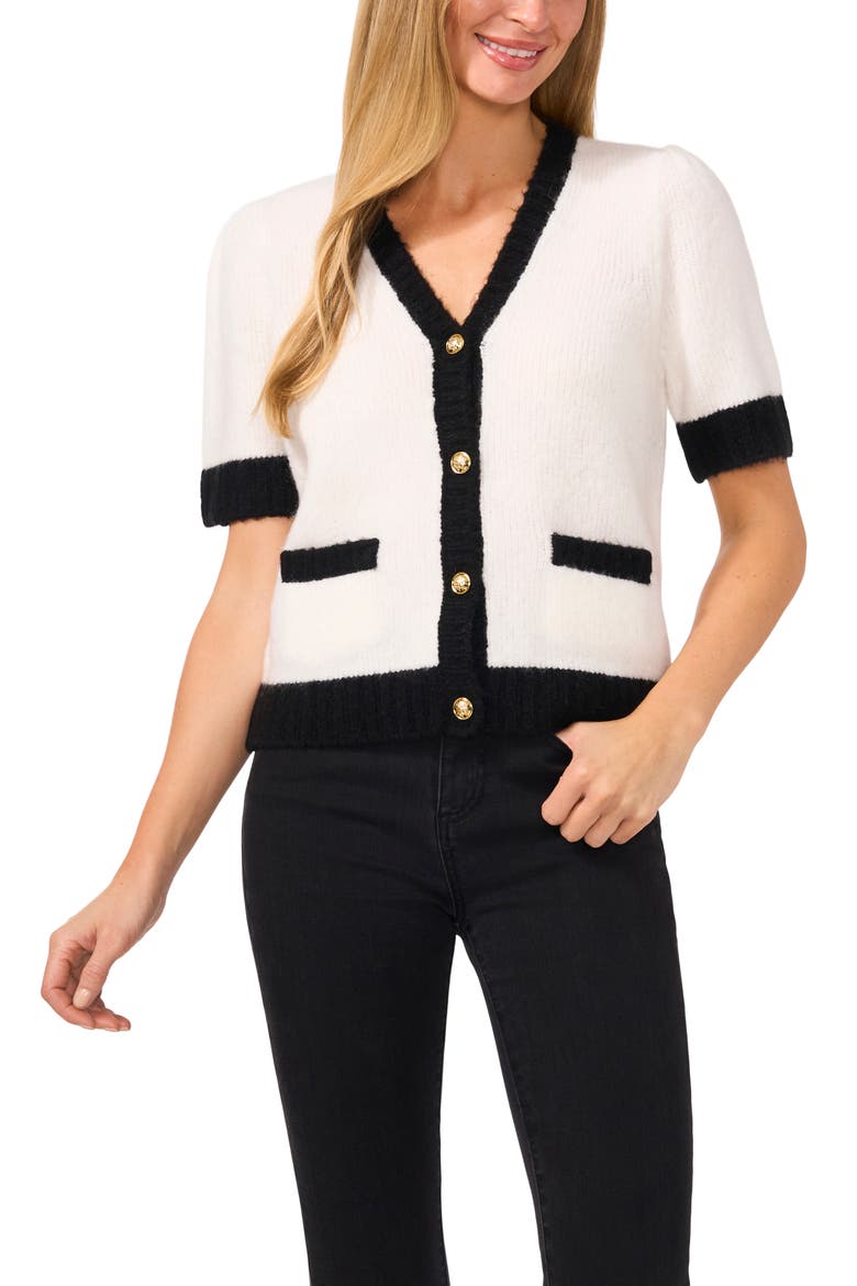 Contrast Trim Short Sleeve Cardigan, Main, color, ANTIQUE IVORY WHITE