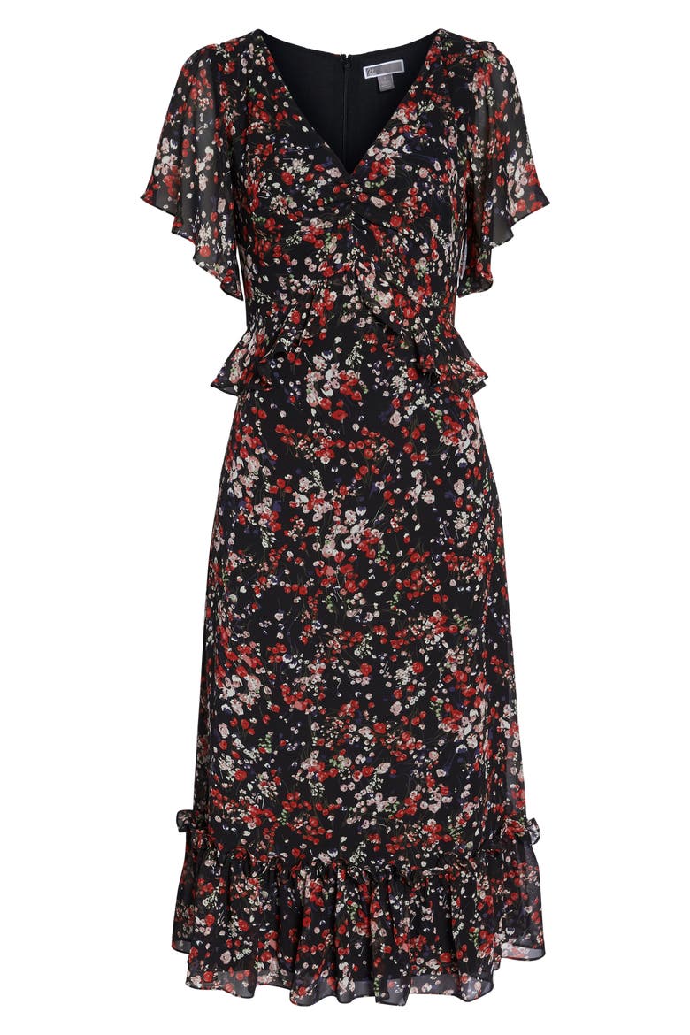 Floral Ruffle Midi Dress, Alternate, color, BLACK- RED SPRING BLOSSOMS