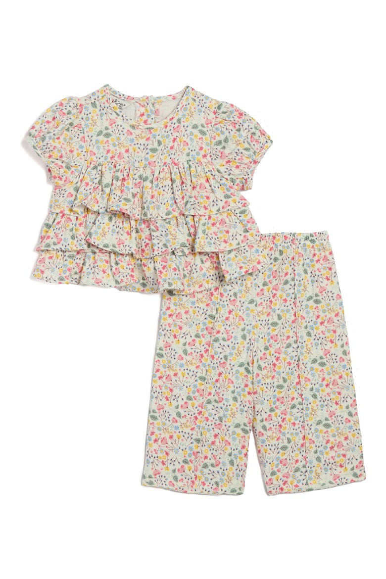 Floral Puff Sleeve Top & Cropped Printed Pants, Main, color, PINK