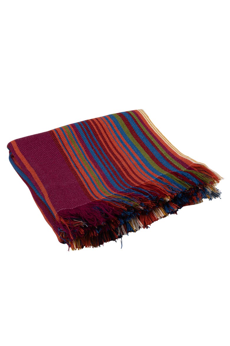 Indoor/Outdoor Woven Fabric Throw with Stripes and Fringe, Multicolor, Main, color, Purple