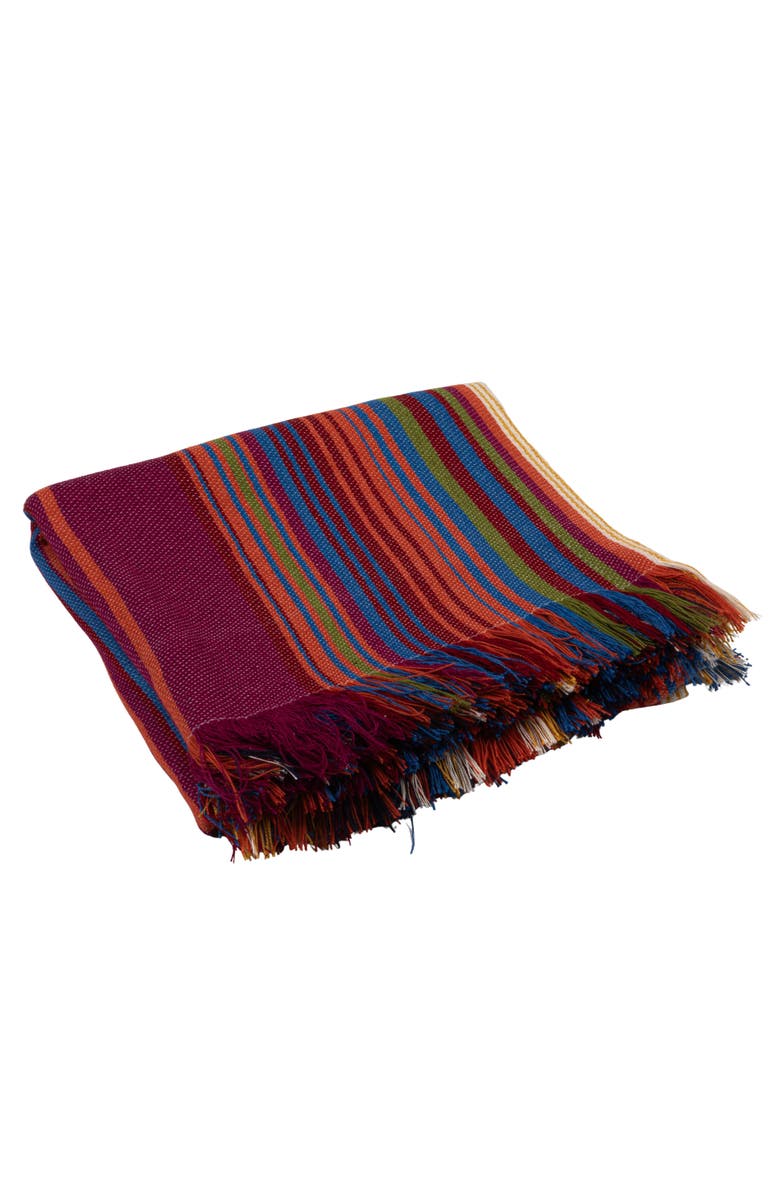 Storied Home Indoor/Outdoor Woven Fabric Throw with Stripes and Fringe, Multicolor, Main, color, Purple