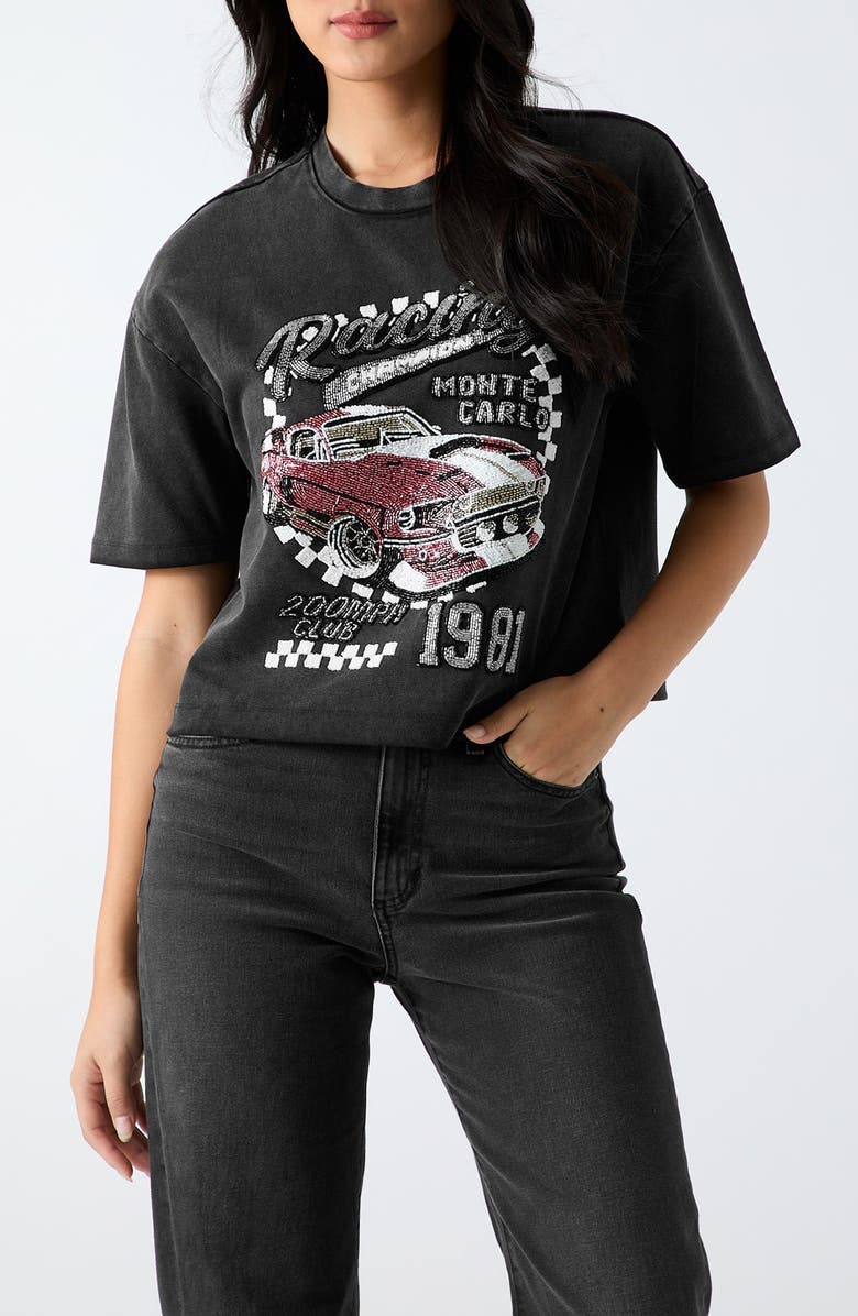 GUESS Beaded Race Car T-Shirt, Main, color, Black Open