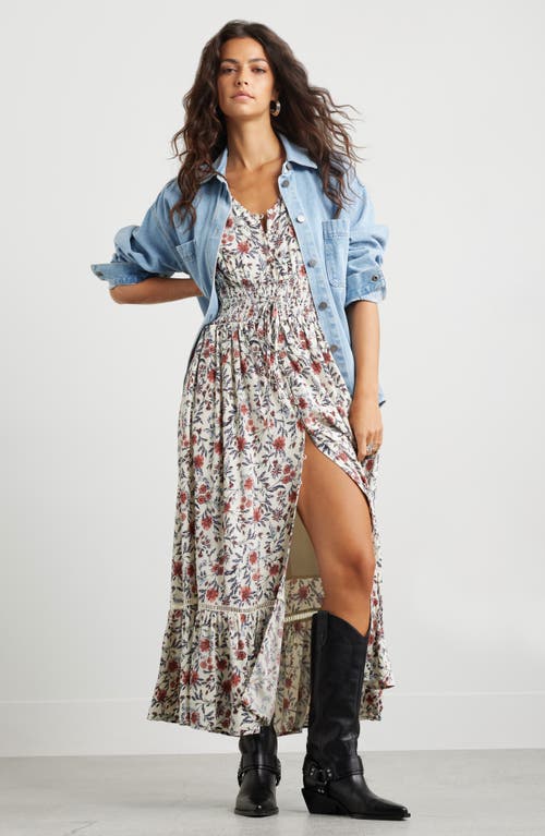 Shop Treasure & Bond Print Smocked Waist Ruffle Hem Maxi Dress In Ivory- Pink Fleurette