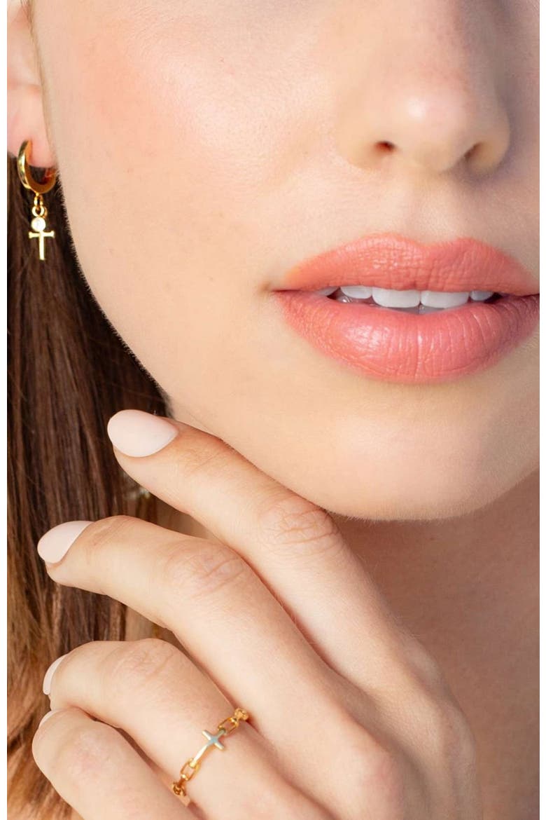 Calvary Cross Huggie Hoop Earrings, Alternate, color, 18k Gold Plated