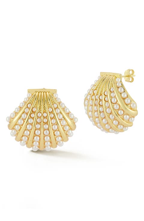 Faux Pearl Shell Stud Earrings
