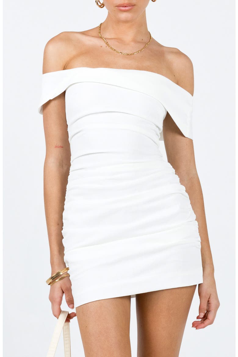 Marcia Ruched Off the Shoulder Cotton & Linen Minidress, Alternate, color, WHITE