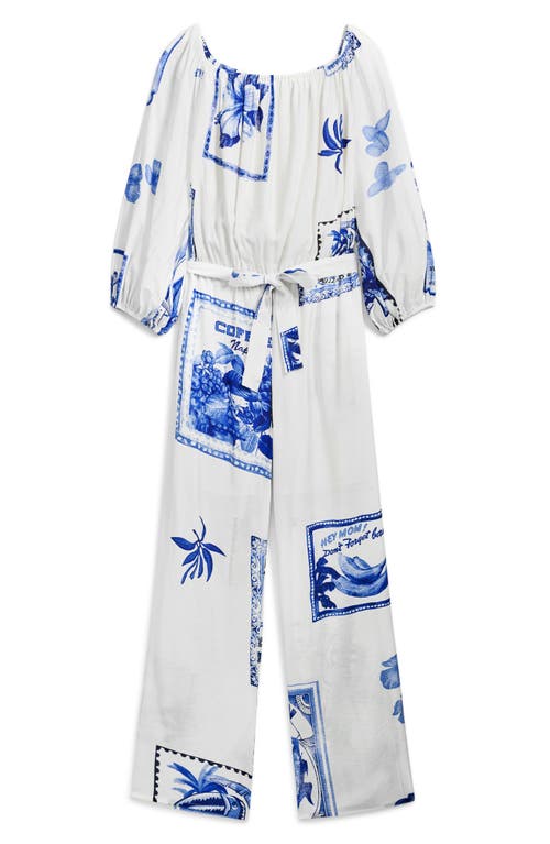 Desigual Placed Print Off The Shoulder Long Sleeve Jumpsuit In White