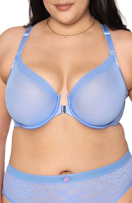 Curvy Couture Sheer Mesh Front Clasp Racerback Underwire Bra in Denim Blue at Nordstrom, Size 42C