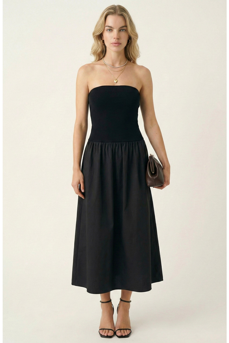Strapless Smocked Bodice Midi Dress with Flowy Skirt and Pockets, Main, color, Black