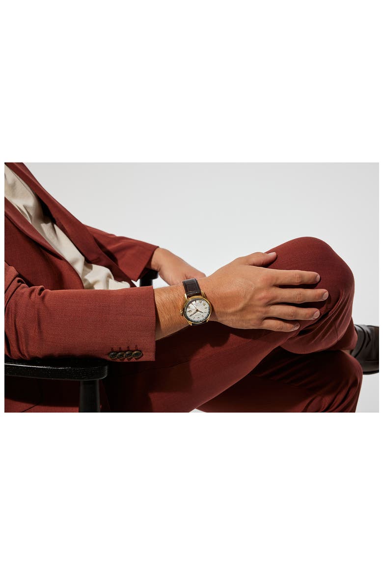 Wilton GMT Automatic Leather Strap Watch, 43mm, Alternate, color, GOLD-TONE