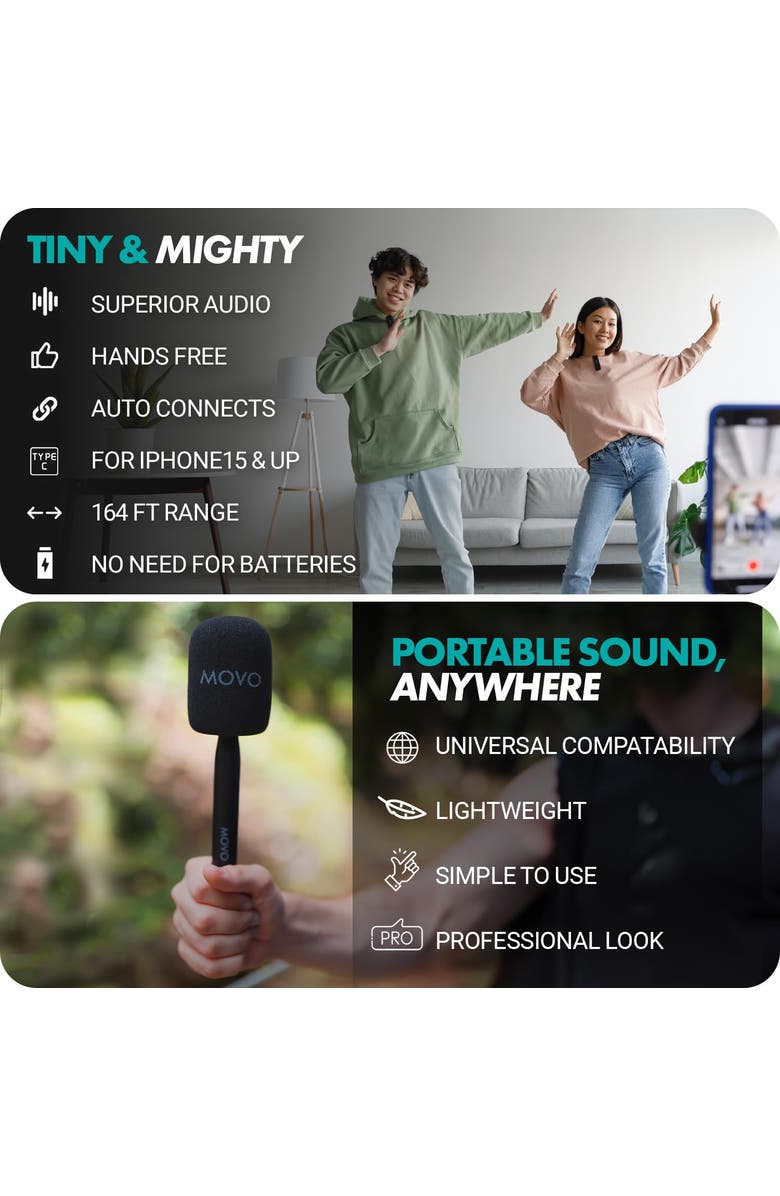 MOVO Wireless Mini UC Ultra Compact Wireless Lavalier Microphone for iPhone 15 and up with WMX-HM Handheld Adapter, Alternate, color, Black