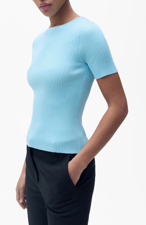 Mango Ribbed Short Sleeve Sweater With Back Opening In Turquoise