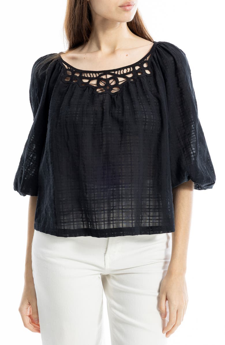 MAX STUDIO Lace Trim Cotton Gauze Top, Main, color, Black