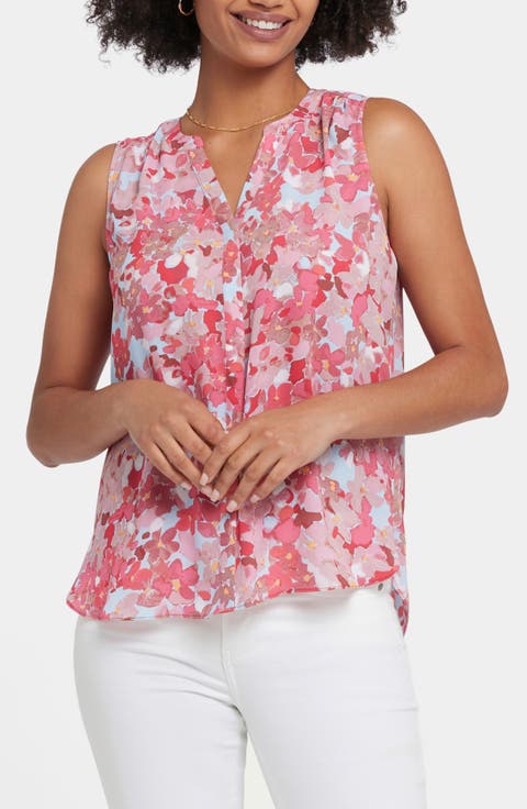 Print Pleat Back Sleeveless Split Neck Blouse (Regular & Petite) (Nordstrom Exclusive)