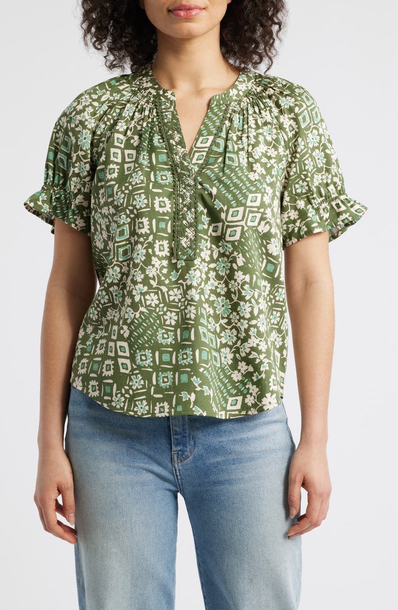 Wit & Wisdom Print Puff Sleeve Top, Main, color, Rolling Hill Green Multi