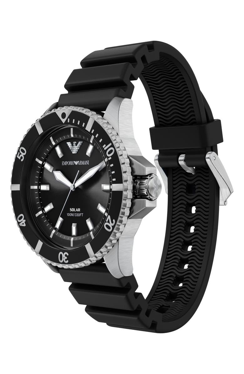 Emporio Armani World Explorer Solar Silicone Strap Watch, 42mm, Alternate, color, Black