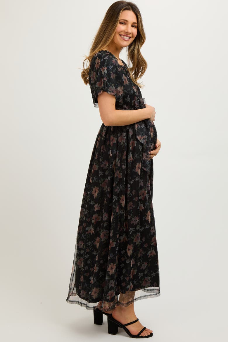 Floral Waist Tie Midi Dress, Alternate, color, Black