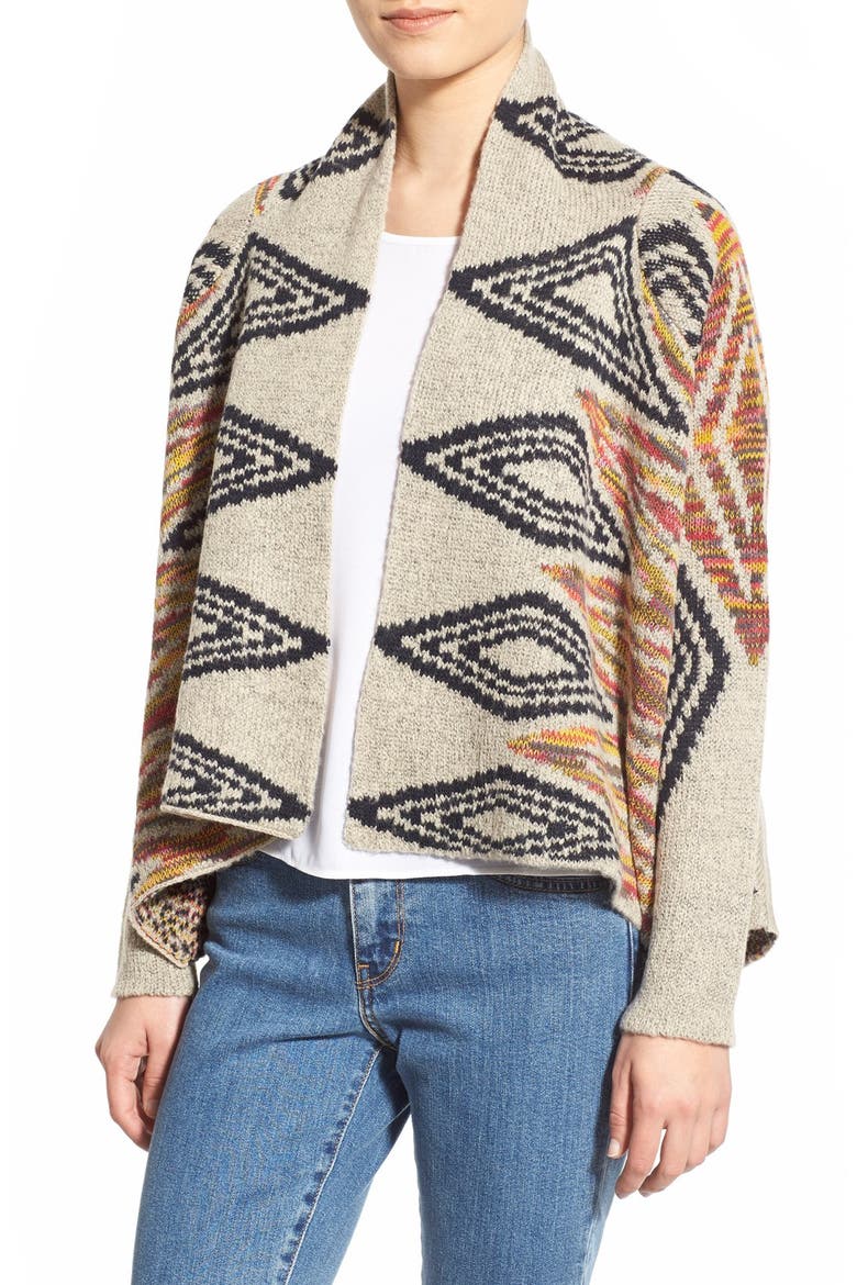 Woven Heart Diamond Pattern Shawl Cardigan, Main, color, TAN MULTI