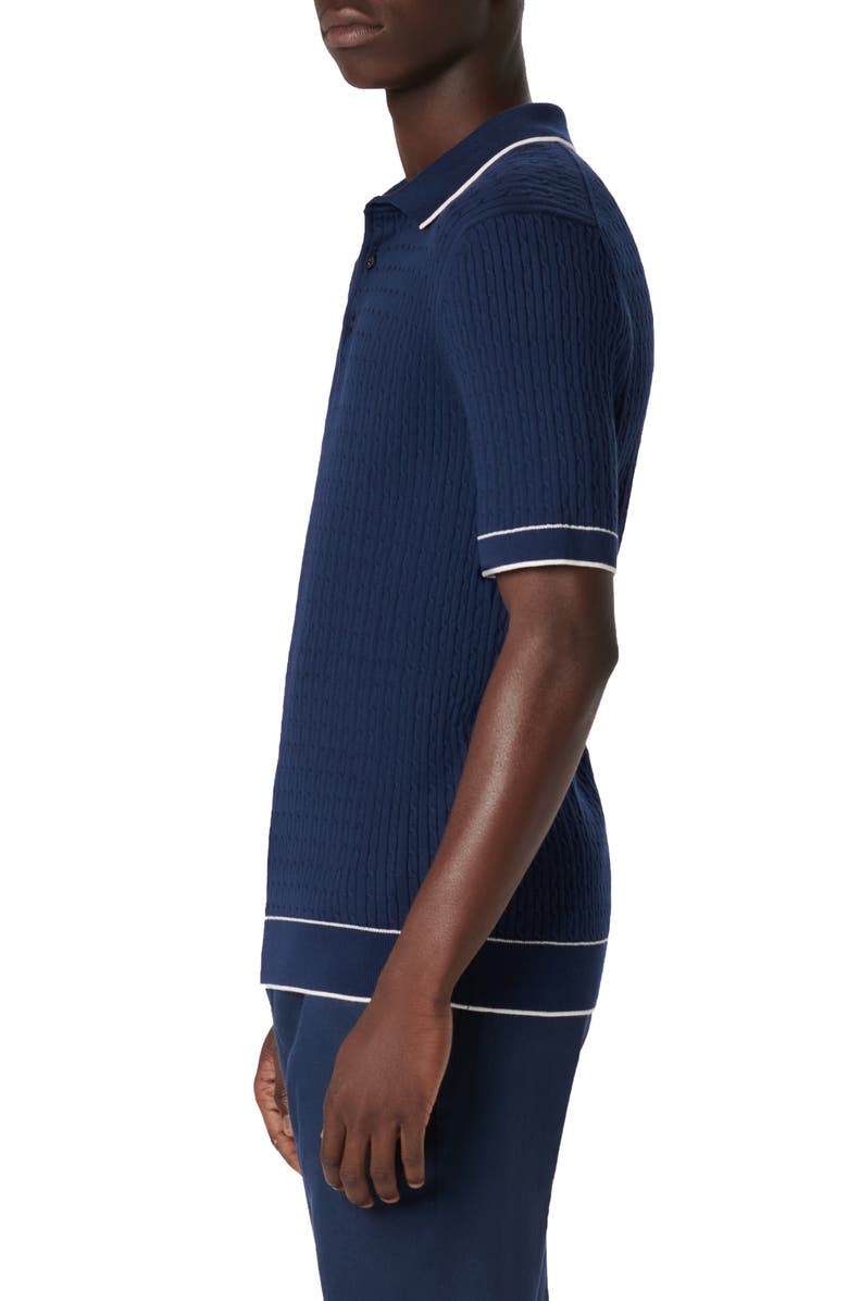Bugatchi Tipped Rib Cable Stitch Polo Sweater, Alternate, color, Navy