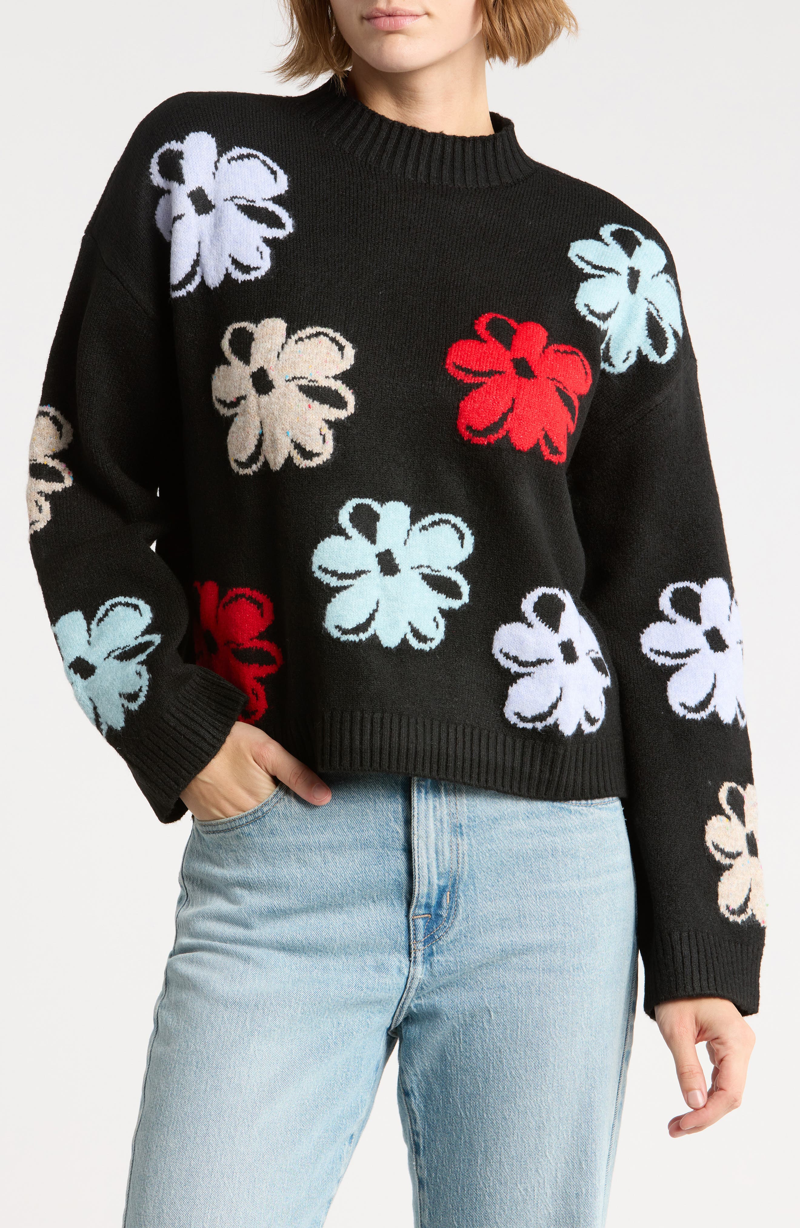 Mock Neck Floral Sweater