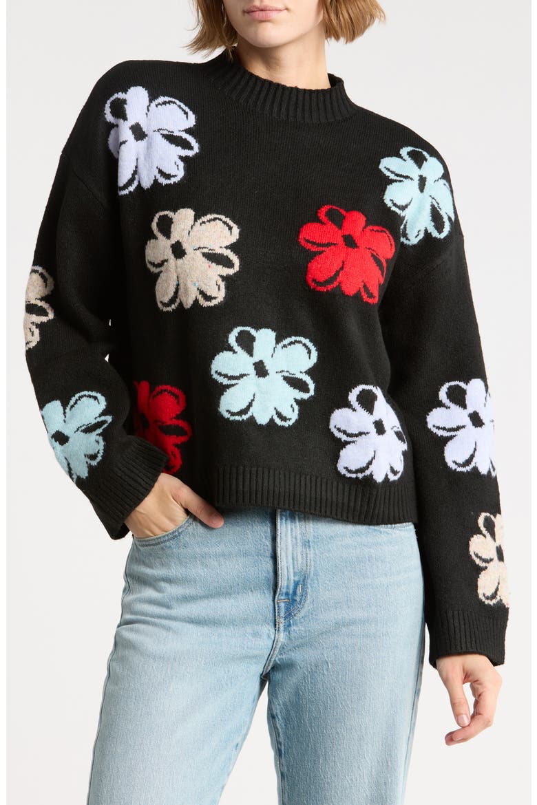 Mock Neck Floral Sweater, Main, color, BLACK FLORAL