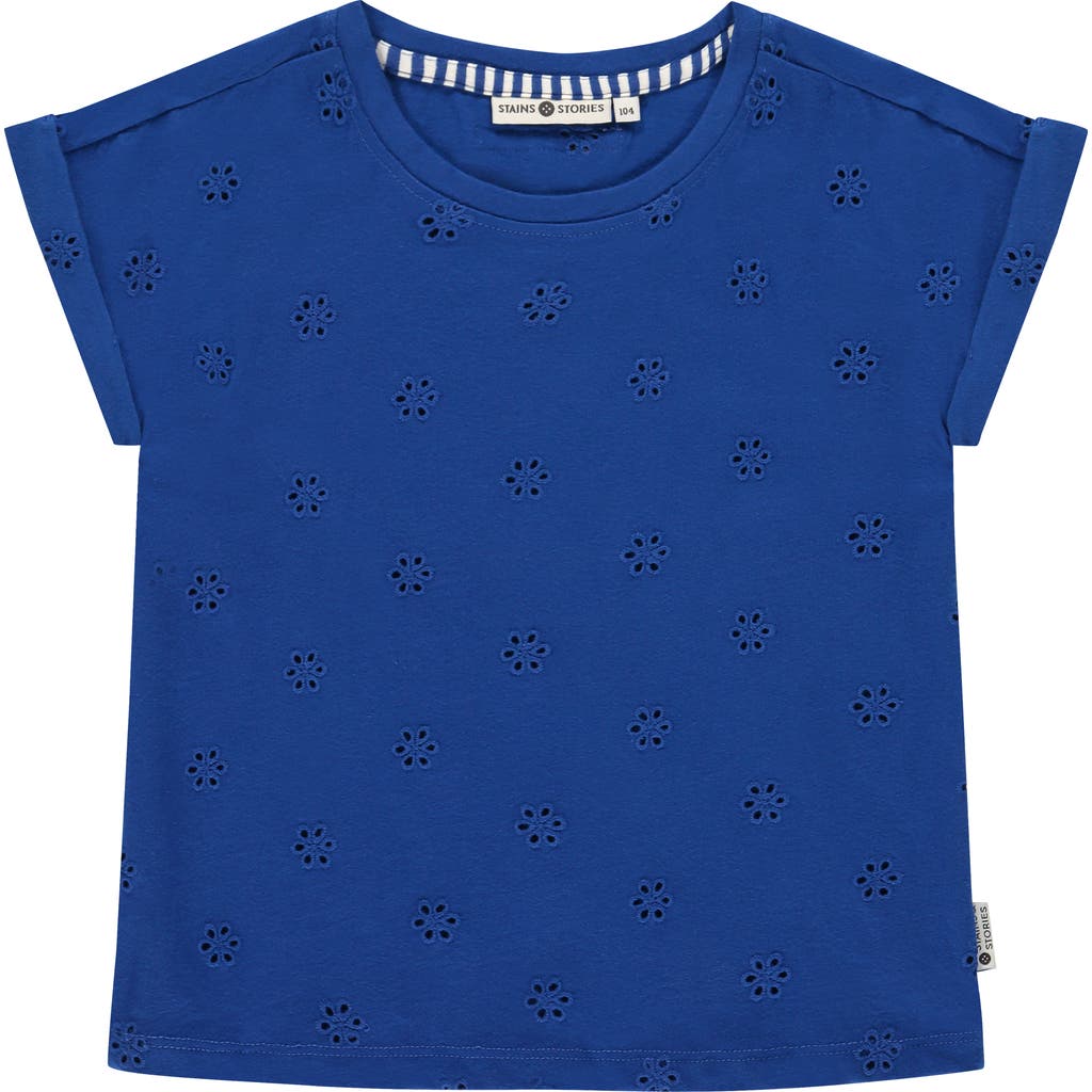 Stains And Stories By Babyface Allover Flower Eyelet Cap Sleeve Top In Blue