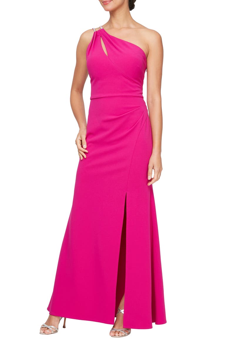 Rhinestone Strap One-Shoulder Gown, Main, color, FUCHSIA