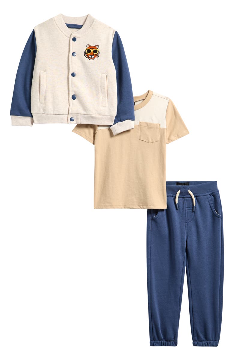 Perry Ellis Varsity Jacket, T-Shirt & Joggers Set, Main, color, Tan