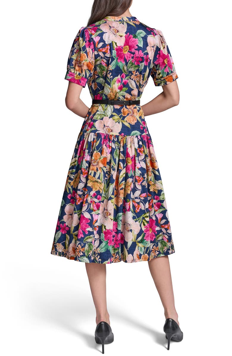 KARL LAGERFELD PARIS Floral Print Belted Tiered Midi Dress, Alternate, color, Currant/ Light Blush Multi