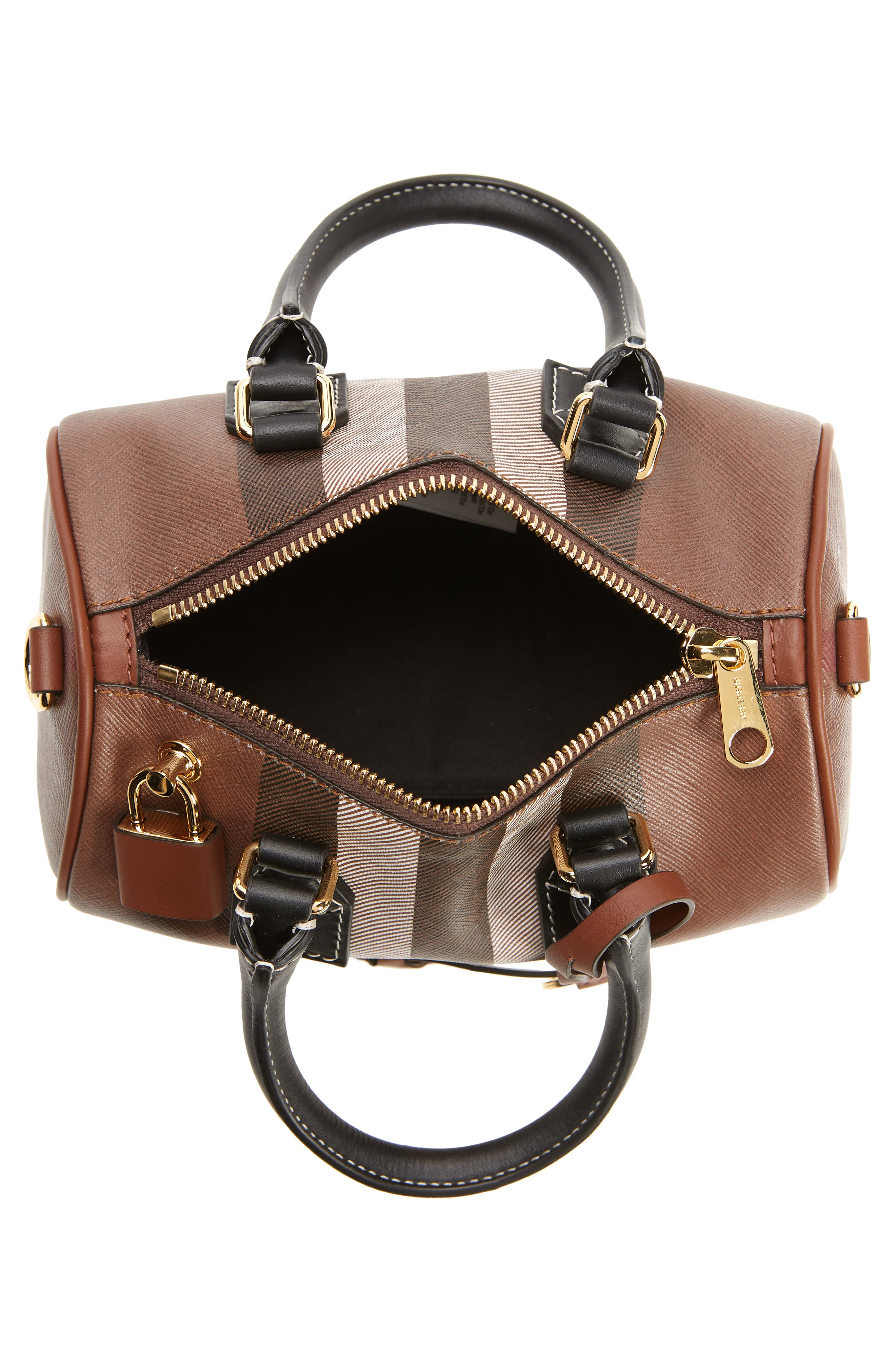 Burberry Mini Check Canvas & Leather Bowling Bag, Alternate, color, Dark Birch Brown Chk