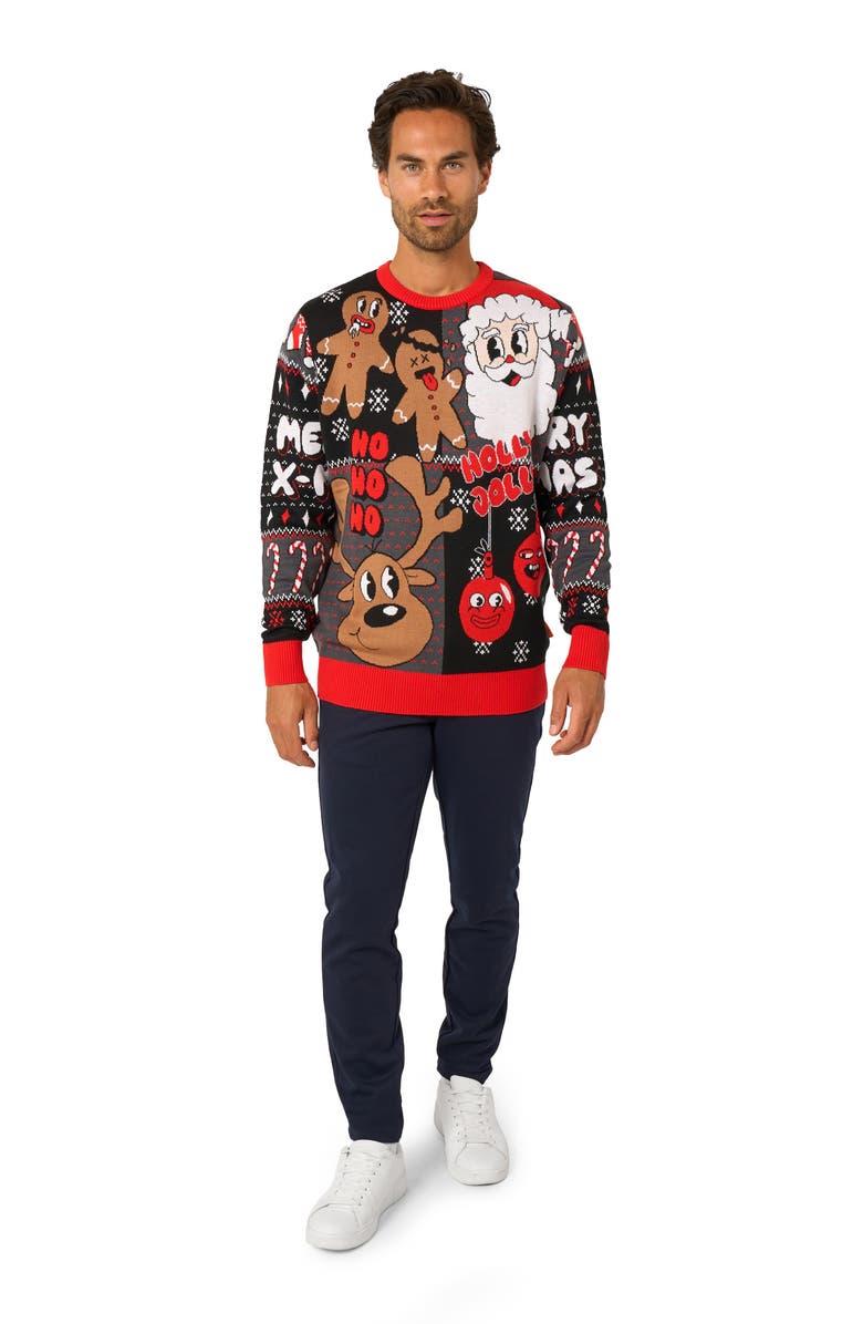 OppoSuits Merry Jinglejoy Christmas Crewneck Sweater, Alternate, color, Black Multi